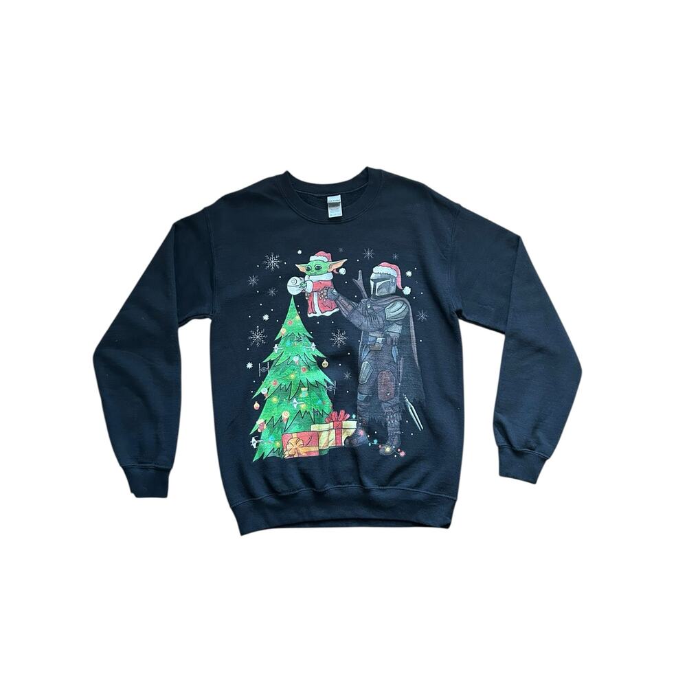 Star Wars Mandalorian Grogu Christmas Holiday Crewneck Black Sweatshirt Size S